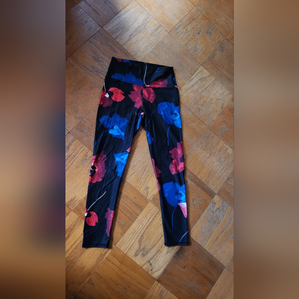 $70 Fabletics 7/8 length black royal blue floral print workout/running leggings
